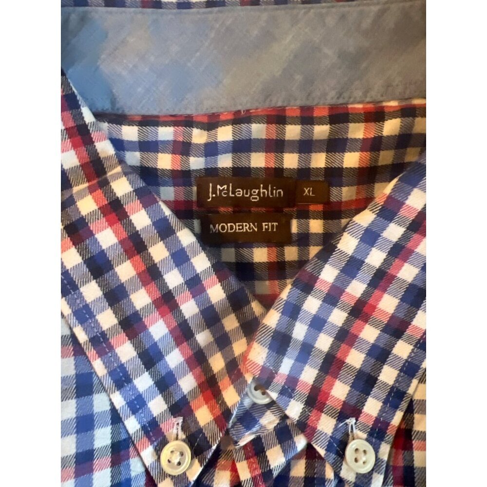 J. McLaughlin Men’s Button Down Plaid Oxford Modern Fit Red White Blue Sz XL
